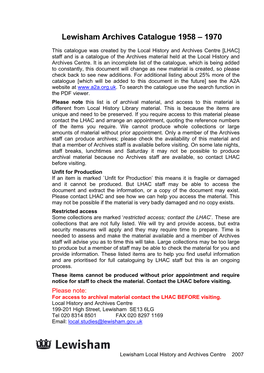 Lewisham Archives Catalogue 1958 – 1970