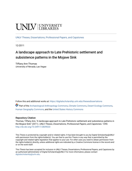 A Landscape Approach to Late Prehistoric Settlement and Subsistence Patterns in the Mojave Sink