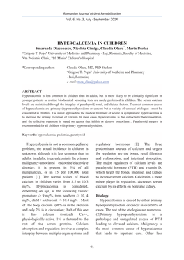 HYPERCALCEMIA in CHILDREN Smaranda Diaconescu, Nicoleta Gimiga, Claudia Olaru*, Marin Burlea “Grigore T