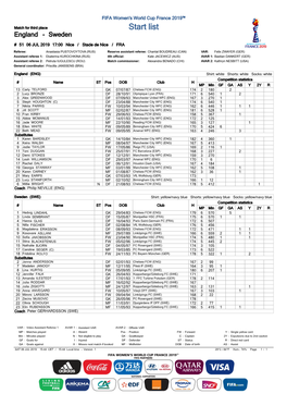 Start List England - Sweden