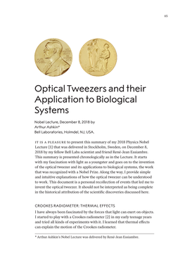 Nobel Lecture: Optical Tweezers and Their Application to Biological Systems