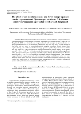 The Effect of Soil Moisture Content and Forest Canopy Openness on the Regeneration of Dipterocarpus Turbinatus C.F