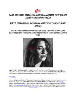 Sara Bareilles Releases Anxiously Awaited New Album Amidst the Chaos Today