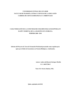 Universidad Central Del Ecuador Facultad De Filosofía, Letras Y Ciencias De La Educación Carrera De Ciencias Biológicas Y Ambientales