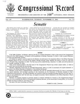 Congressional Record United States Th of America PROCEEDINGS and DEBATES of the 108 CONGRESS, FIRST SESSION