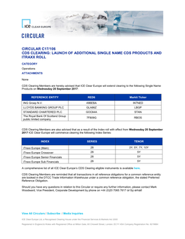 Circular C17/106 Cds Clearing: Launch of Additional Single Name Cds Products and Itraxx Roll