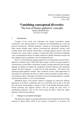 Vanishing Conceptual Diversity: the Loss of Hunter-Gatherers’ Concepts Matthias BRENZINGER University of Cologne