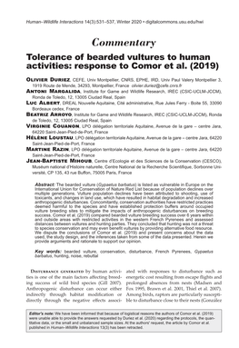 Tolerance of Bearded Vultures to Human Activities: Response to Comor Et Al