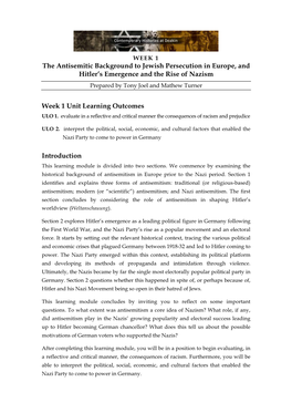 The Antisemitic Background to Jewish Persecution in Europe, and Hitler's Emergence and the Rise of Nazism Week 1 Unit Learning