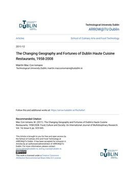 The Changing Geography and Fortunes of Dublin Haute Cuisine Restaurants, 1958-2008