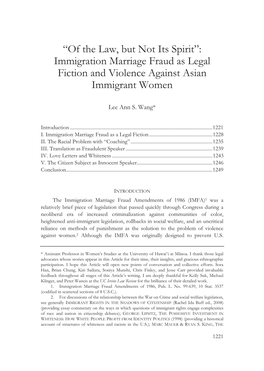 “Of the Law, but Not Its Spirit”: Immigration Marriage Fraud As Legal Fiction and Violence Against Asian Immigrant Women