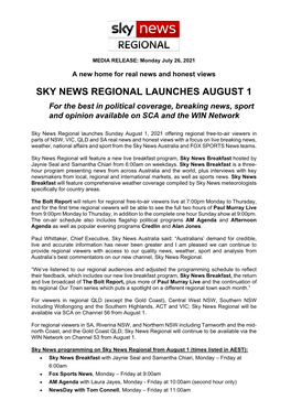 Sky News Regional Launches August 1