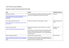 List of GLA Group Statistics Greater London Authority (GLA) City Hall