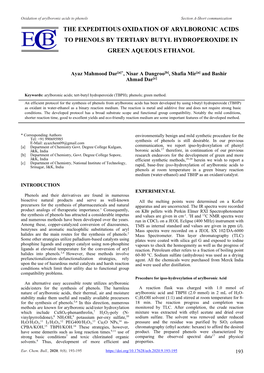 The Expeditious Oxidation of Arylboronic Acids to Phenols by Tertiary Butyl Hydroperoxide in Green Aqueous Ethanol