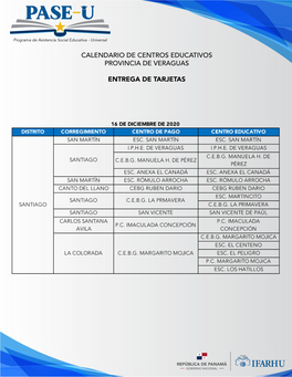 Calendario De Centros Educativos Provincia De Veraguas