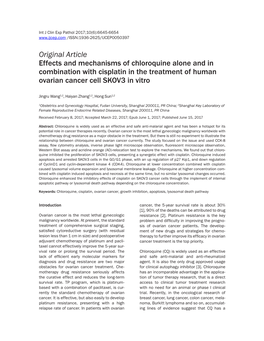 Original Article Effects and Mechanisms of Chloroquine Alone and in Combination with Cisplatin in the Treatment of Human Ovarian Cancer Cell SKOV3 in Vitro