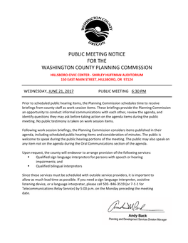 Public Meeting Notice for the Washington County Planning Commission Hillsboro Civic Center - Shirley Huffman Auditorium 150 East Main Street, Hillsboro, Or 97124