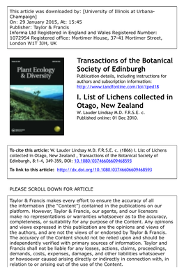 Transactions of the Botanical Society of Edinburgh I. List of Lichens