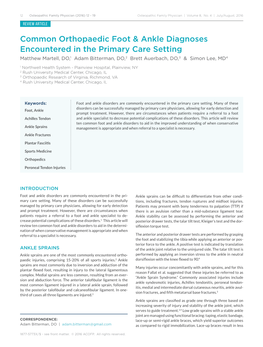 Common Orthopaedic Foot & Ankle Diagnoses Encountered in the Primary Care Setting