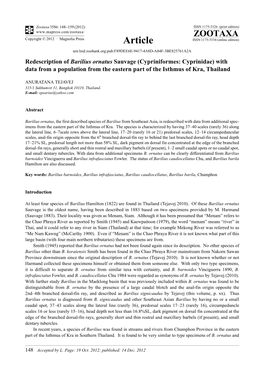 Cypriniformes: Cyprinidae) with Data from a Population from the Eastern Part of the Isthmus of Kra, Thailand