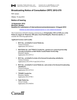 Broadcasting Notice of Consultation CRTC 2012-Xx