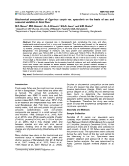 Biochemical Composition of Cyprinus Carpio Var. Specularis on the Basis of Sex and Seasonal Variation in Atrai River M.R