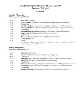 Johns Hopkins Junior Number Theory Days 2019 December 7–8, 2019