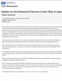 Update on the Diamond Princess Cruise Ship in Japan Media Statement