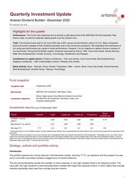 Antares December 2020 Dividend Builder Fund Quarterly Investment