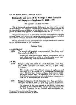 Bibliography and Index of the Geology of West Malaysia and Singapore - Supplement 2: 1969 -1971