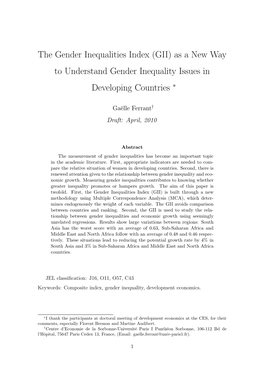 The Gender Inequalities Index (GII) As a New Way to Understand Gender Inequality Issues in Developing Countries ∗