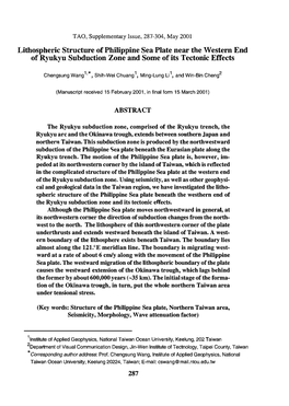 Lithospheric Structure of Philippine Sea Plate Near the Western End of Ryukyu Subduction Zone and Some of Its Tectonic Effects