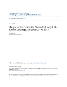 The Korean Language Movement, 1894-1945 Daniel Pieper Washington University in St