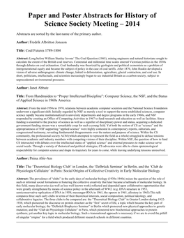 Paper and Poster Abstracts for History of Science Society Meeting – 2014