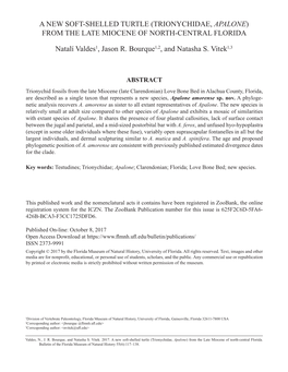 A New Soft-Shelled Turtle (Trionychidae, Apalone) from the Late Miocene of North-Central Florida