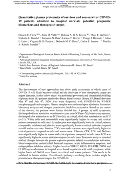 Quantitative Plasma Proteomics of Survivor and Non-Survivor COVID-19 Patients Admitted to Hospital Unravels Potential Prognostic