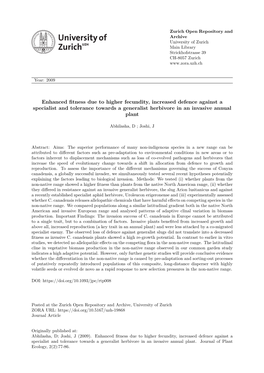 Enhanced Fitness Due to Higher Fecundity, Increased Defence Against a Specialist and Tolerance Towards a Generalist Herbivore in an Invasive Annual Plant