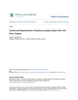 Growth and Reproduction of Eupleura Caudata (Say) in the York River, Virginia