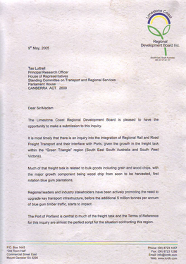 Limestone Coast Regional Development Board Submission to the Inquiry Into the Integration of Regional Road and Rail Networks and Their Connectivity to Ports