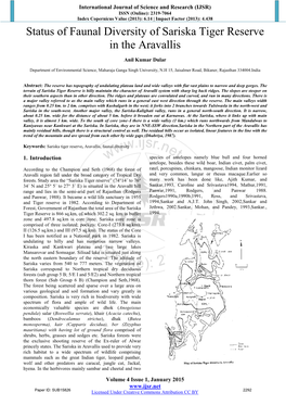 Status of Faunal Diversity of Sariska Tiger Reserve in the Aravallis