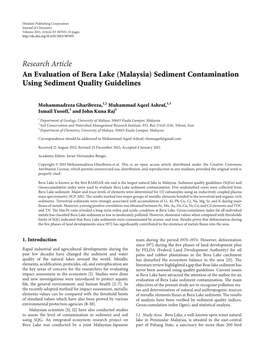 An Evaluation of Bera Lake (Malaysia) Sediment Contamination Using Sediment Quality Guidelines