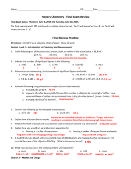 Honors Chemistry - Final Exam Review Final Exam Dates: Thursday, June 5, 2014 and Tuesday, June 10, 2014