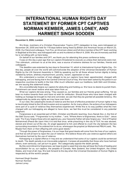 International Human Rights Day Statement by Former Cpt Captives Norman Kember, James Loney, and Harmeet Singh Sooden