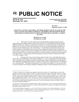 PUBLIC NOTICE Federal Communications Commission 445 12Th St., S.W