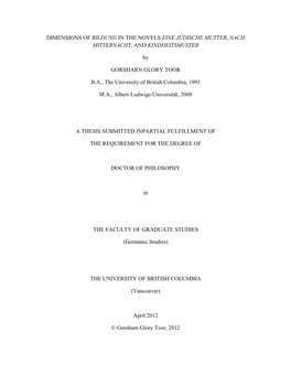 Dimensions of Bildung in the Novels Eine Jüdische Mutter, Nach Mitternacht, and Kindheitsmuster