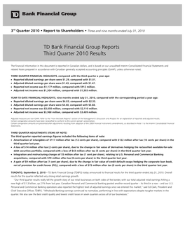 TD Bank Financial Group Reports Third Quarter 2010 Results