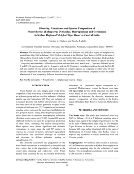 Diversity, Abundance and Species Composition of Water Beetles