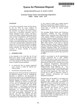 Synroc for Plutonium Disposal AU0019553