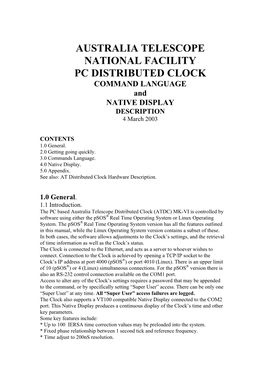 AUSTRALIA TELESCOPE NATIONAL FACILITY PC DISTRIBUTED CLOCK COMMAND LANGUAGE and NATIVE DISPLAY DESCRIPTION 4 March 2003