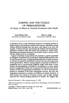 DARWIN and the PUZZLE of PRIMOGENITURE an Essay on Biases in Parental Investment After Death